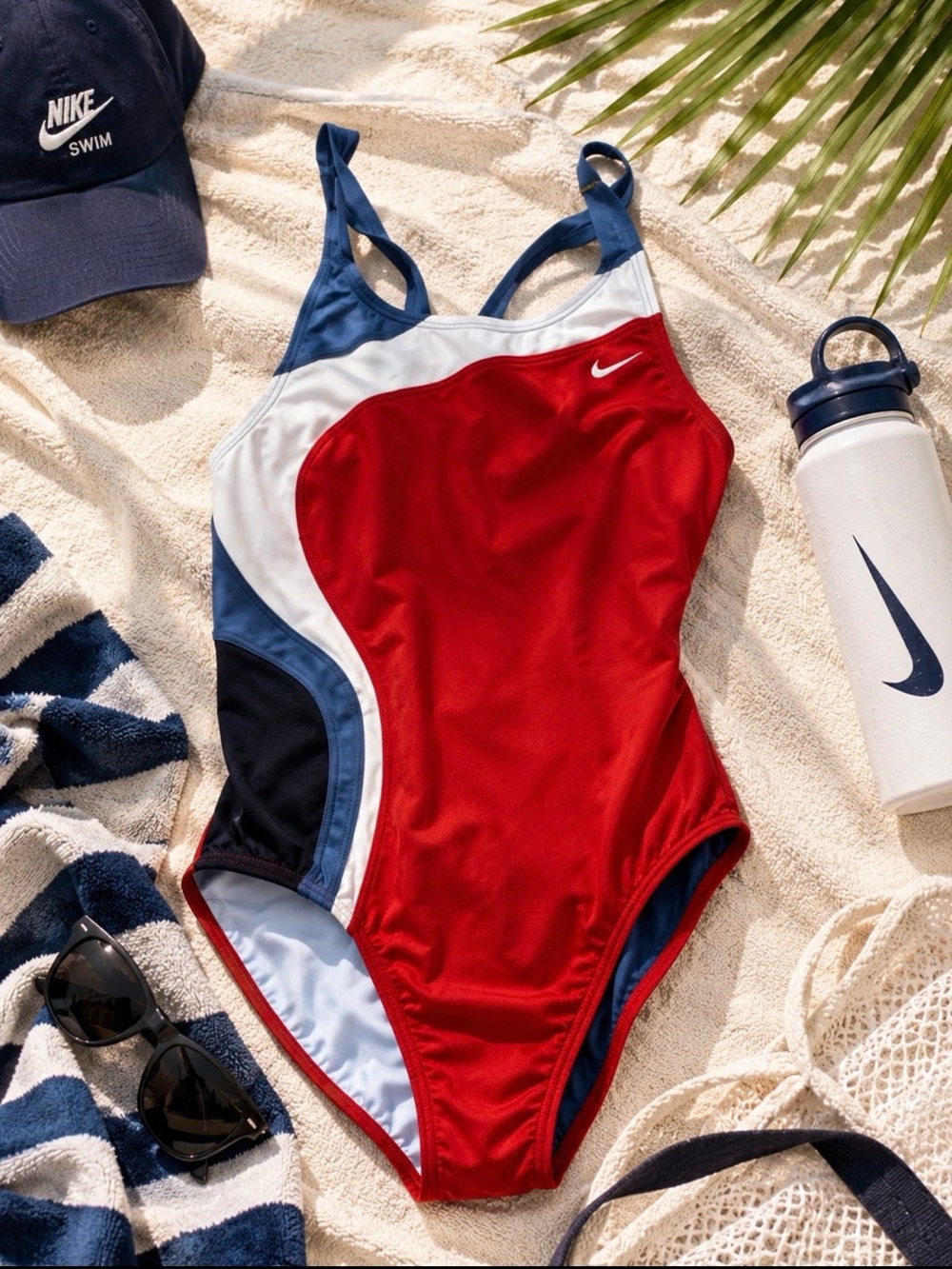 Nike Colorblock One Piece Swimsuit Women 10 Red White Blue Athletic